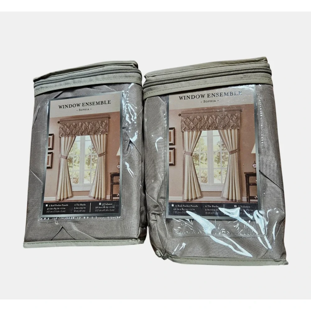Window Ensemble Sophia Taupe Brown Valance 50in x 16in 2 Tie Backs NWT